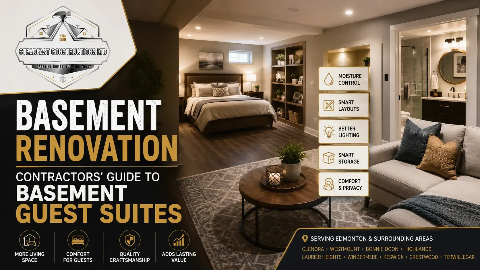 Modern basement guest suite renovation in Edmonton featuring bedroom, lounge area, bathroom and Steadfast Constructions logo with design highlights.