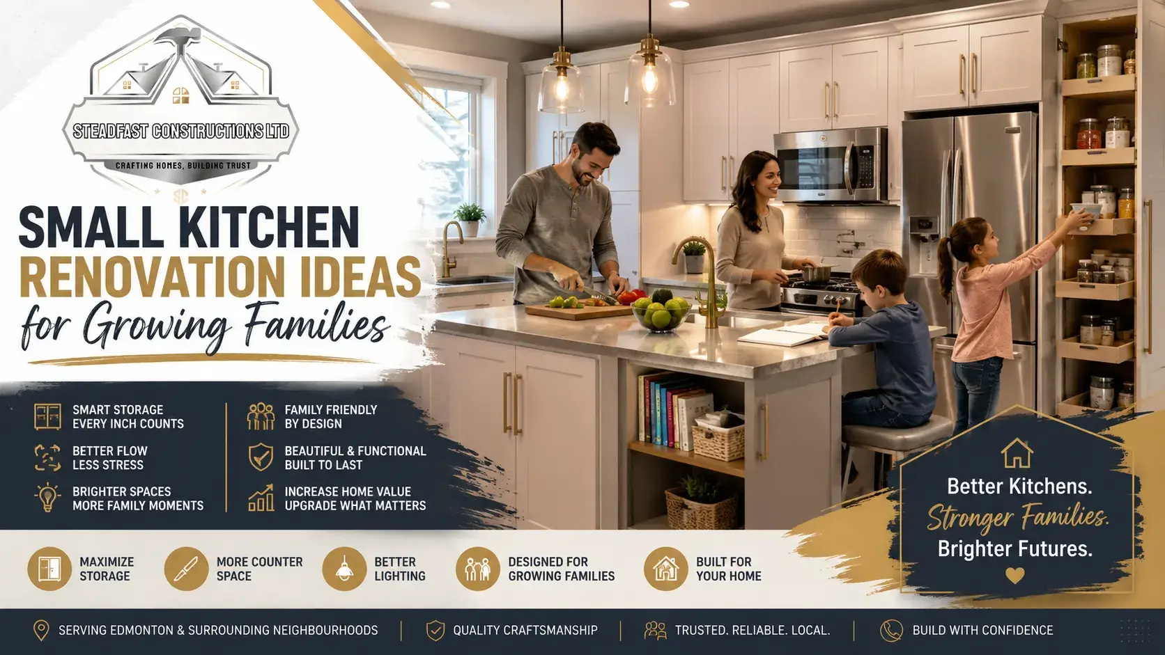 Small kitchen renovation ideas for growing families featuring smart storage, improved lighting, functional design, and custom kitchen remodeling in Edmonton.