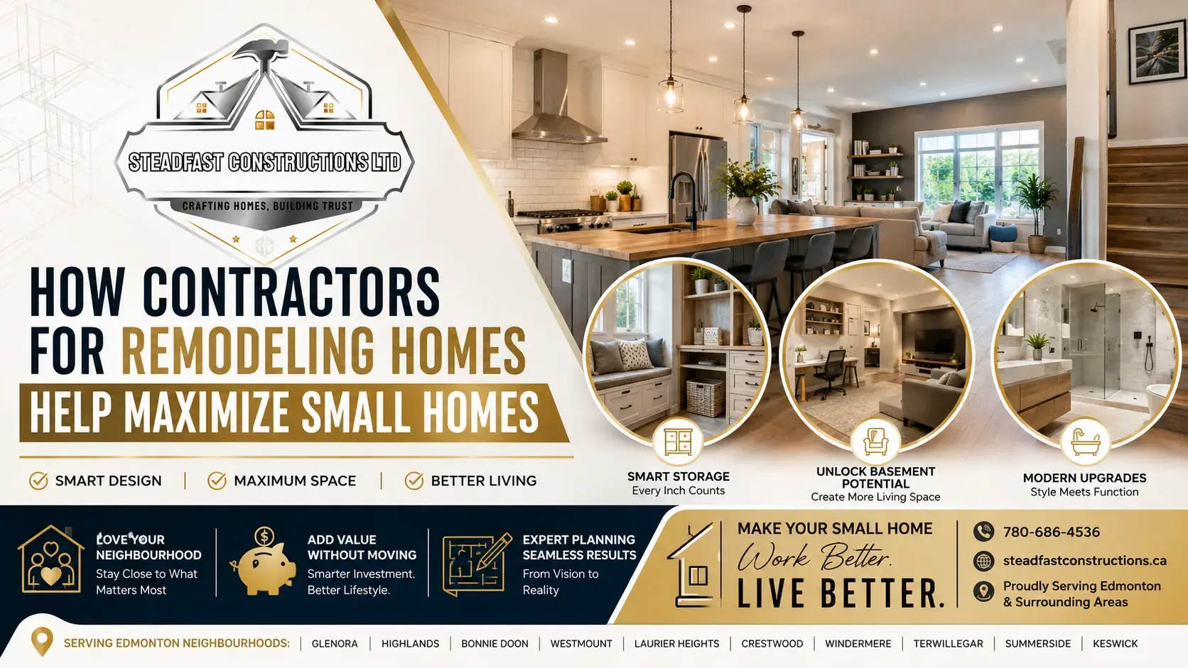 Feature image showing smart small home remodeling ideas in Edmonton, including open-concept layouts, basement upgrades, storage solutions, and modern renovations by Steadfast Constructions Ltd.