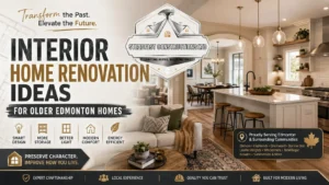 Feature image showcasing interior home renovation ideas for older Edmonton homes with modern open-concept design, improved lighting, storage solutions, and Steadfast Constructions Ltd branding.