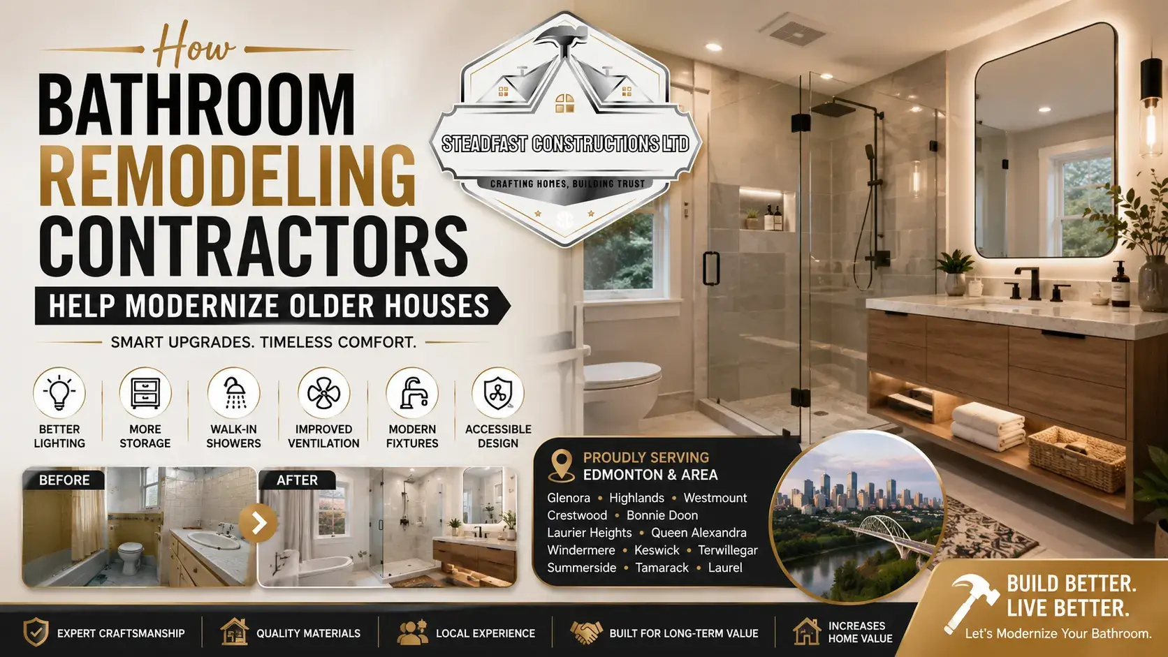 Feature image showing bathroom remodeling contractors modernizing older Edmonton homes with walk-in showers, better lighting, storage, ventilation, and Steadfast Constructions Ltd branding.