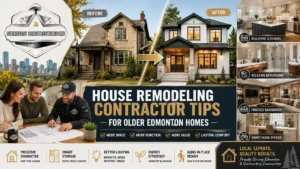 Feature image for House Remodeling Contractor Tips for Older Edmonton Homes showing before-and-after home renovation, modern kitchen, bathroom, basement, and contractor planning.