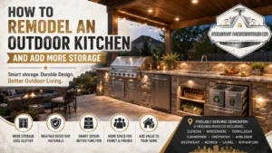 Outdoor kitchen remodeling with smart storage, weather-resistant cabinets, pergola, and custom design by Steadfast Constructions Ltd for Edmonton homeowners.