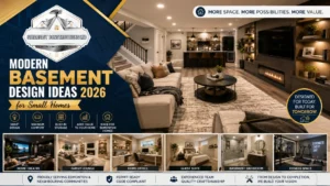 Modern basement design ideas 2026 for a small Edmonton home featuring a bright living space, stylish finishes, smart storage, and a functional basement layout.