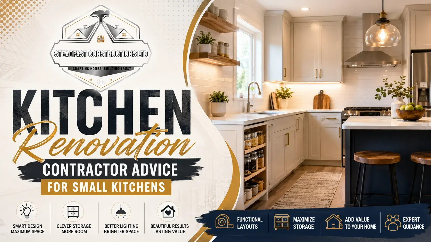 Modern small kitchen renovation design with smart storage, bright lighting, custom cabinetry and Steadfast Constructions Ltd branding for Edmonton homeowners.