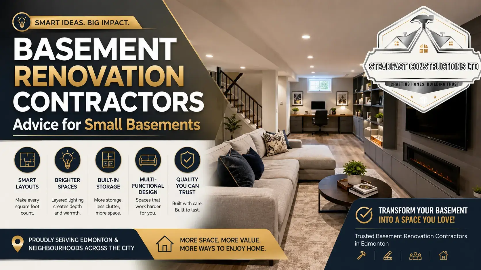 Modern renovated basement in Edmonton featuring smart storage, home office, and family living space by Steadfast Constructions Ltd renovation experts.