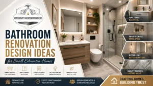 Bathroom renovation design ideas for small Edmonton homes featuring a modern walk-in shower, floating vanity, smart storage, and space-saving bathroom solutions.