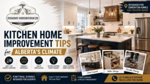Modern kitchen home improvement in Edmonton featuring durable cabinetry, quartz countertops, smart storage, and Alberta climate-friendly renovation by Steadfast.