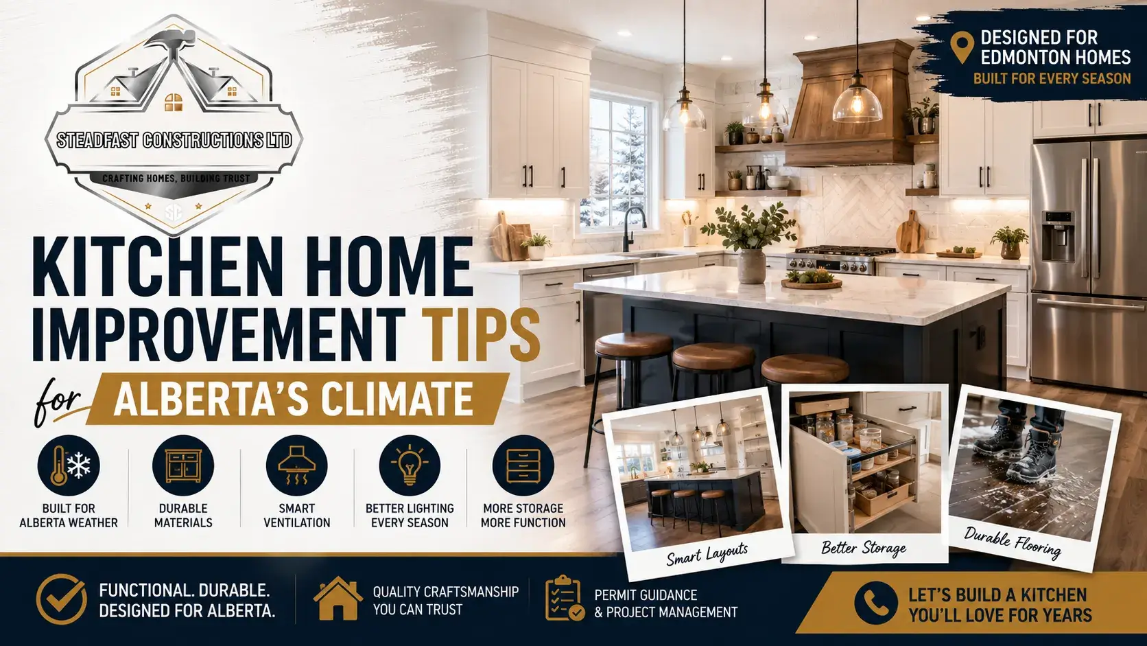 Modern kitchen home improvement in Edmonton featuring durable cabinetry, quartz countertops, smart storage, and Alberta climate-friendly renovation by Steadfast.