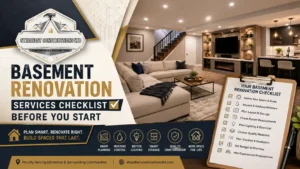 Basement renovation services checklist feature image showcasing a modern finished basement, renovation planning tips, and Steadfast Constructions Ltd serving Edmonton homeowners.
