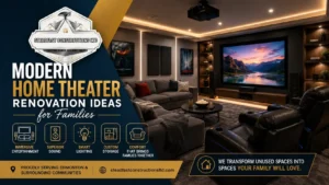 Modern home theater renovation ideas feature image showcasing a stylish basement cinema with custom seating, smart lighting, and Steadfast Constructions Ltd in Edmonton.