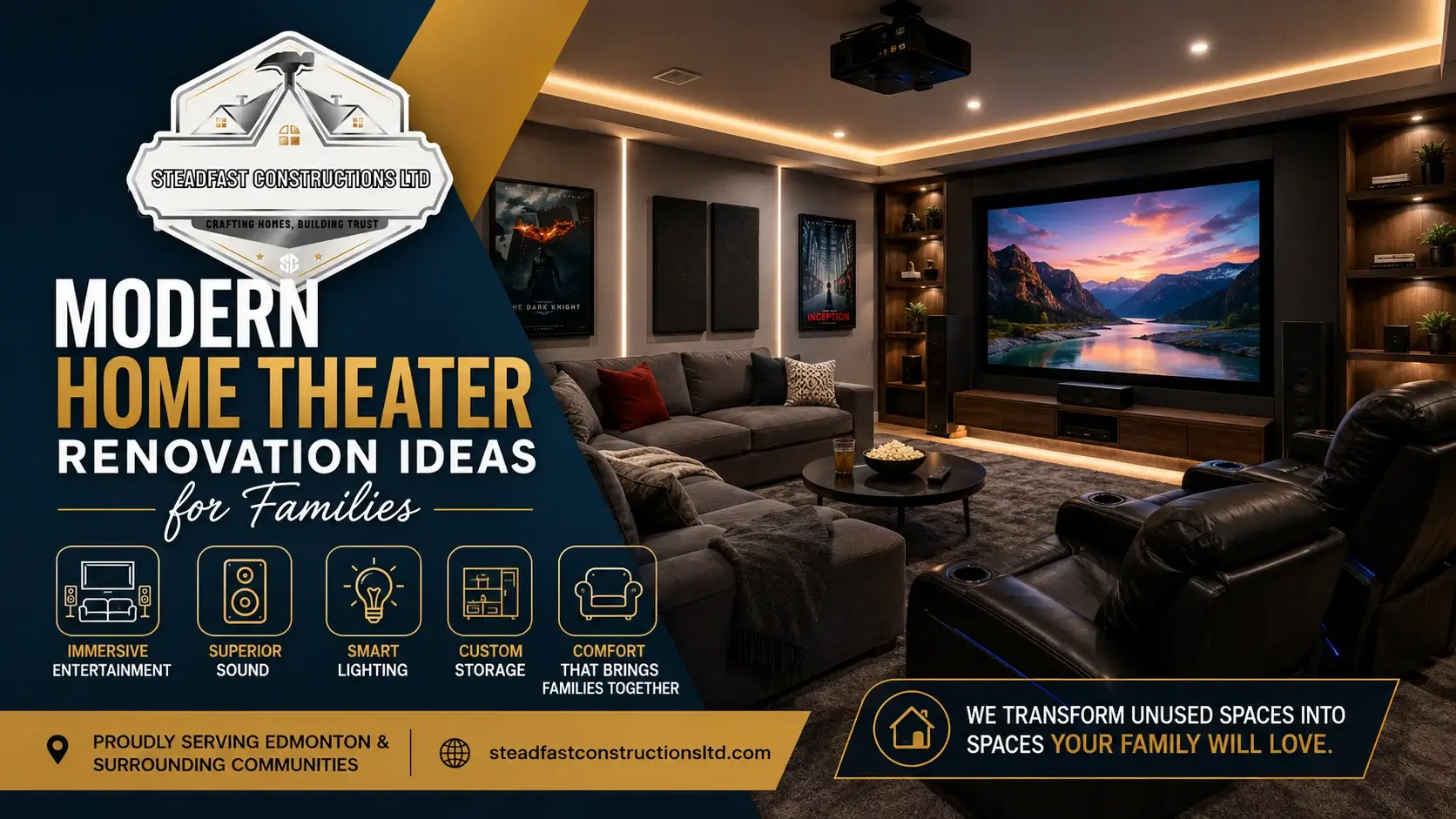 Modern home theater renovation ideas feature image showcasing a stylish basement cinema with custom seating, smart lighting, and Steadfast Constructions Ltd in Edmonton.