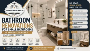 Bathroom renovations for small bathrooms in Edmonton featuring a modern walk-in shower, floating vanity, smart storage, and Steadfast Constructions Ltd.