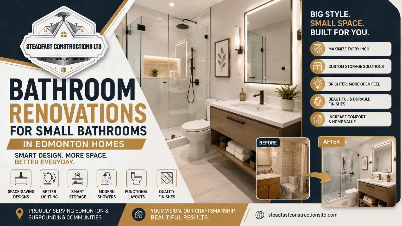 Bathroom renovations for small bathrooms in Edmonton featuring a modern walk-in shower, floating vanity, smart storage, and Steadfast Constructions Ltd.