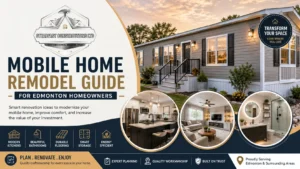 Modern mobile home remodel in Edmonton featuring upgraded kitchen, bathroom, stylish interiors, and Steadfast Constructions Ltd renovation expertise.