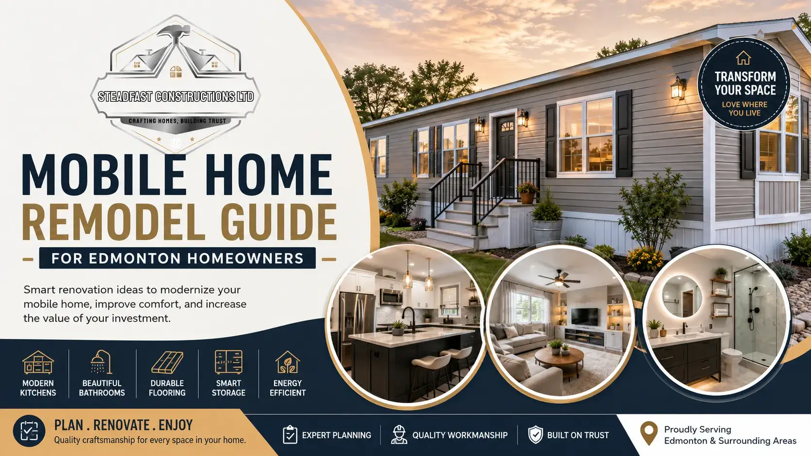 Modern mobile home remodel in Edmonton featuring upgraded kitchen, bathroom, stylish interiors, and Steadfast Constructions Ltd renovation expertise.