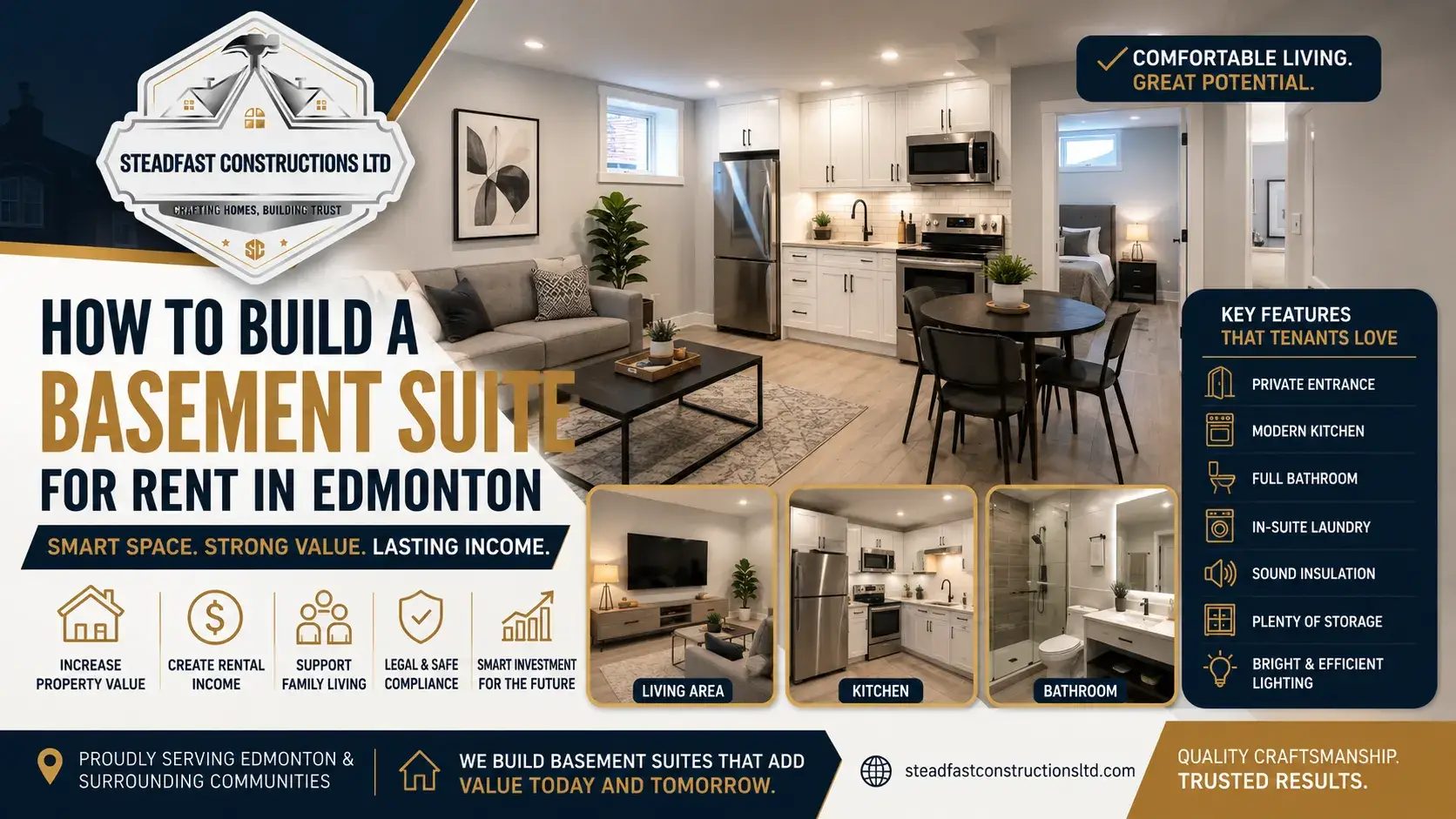 Basement suite for rent in Edmonton feature image showcasing a modern legal basement suite with kitchen, living area, and Steadfast Constructions Ltd.