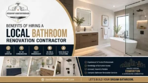 Benefits of hiring a local bathroom renovation contractor in Edmonton featuring a modern luxury bathroom by Steadfast Constructions Ltd.