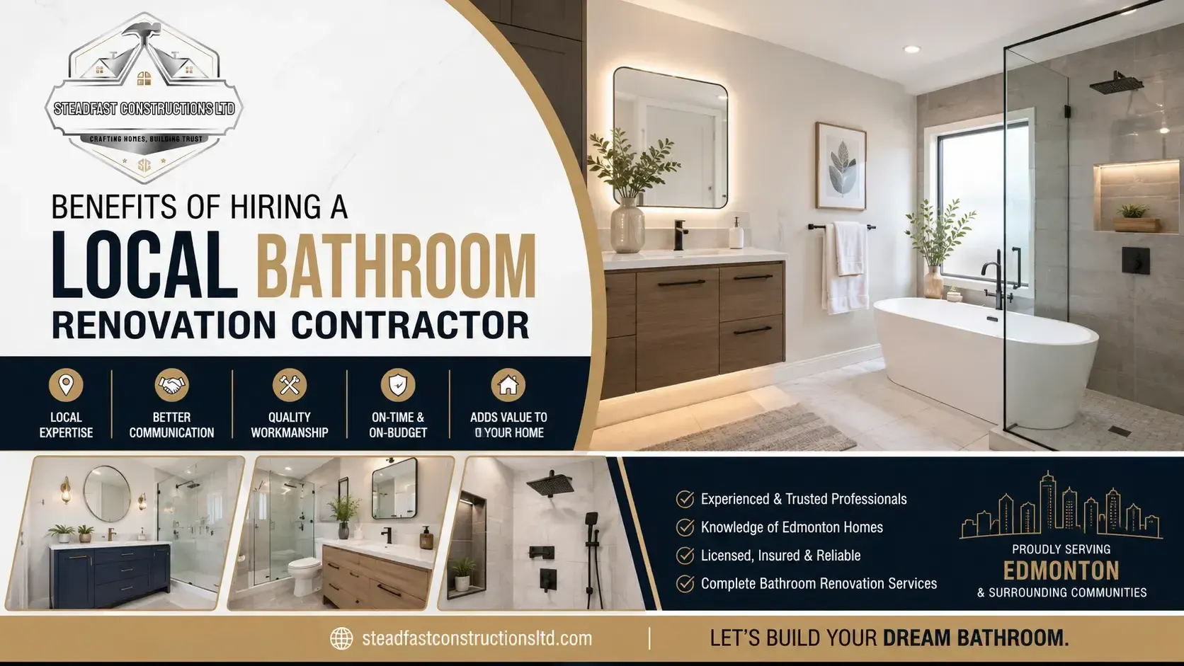 Benefits of hiring a local bathroom renovation contractor in Edmonton featuring a modern luxury bathroom by Steadfast Constructions Ltd.
