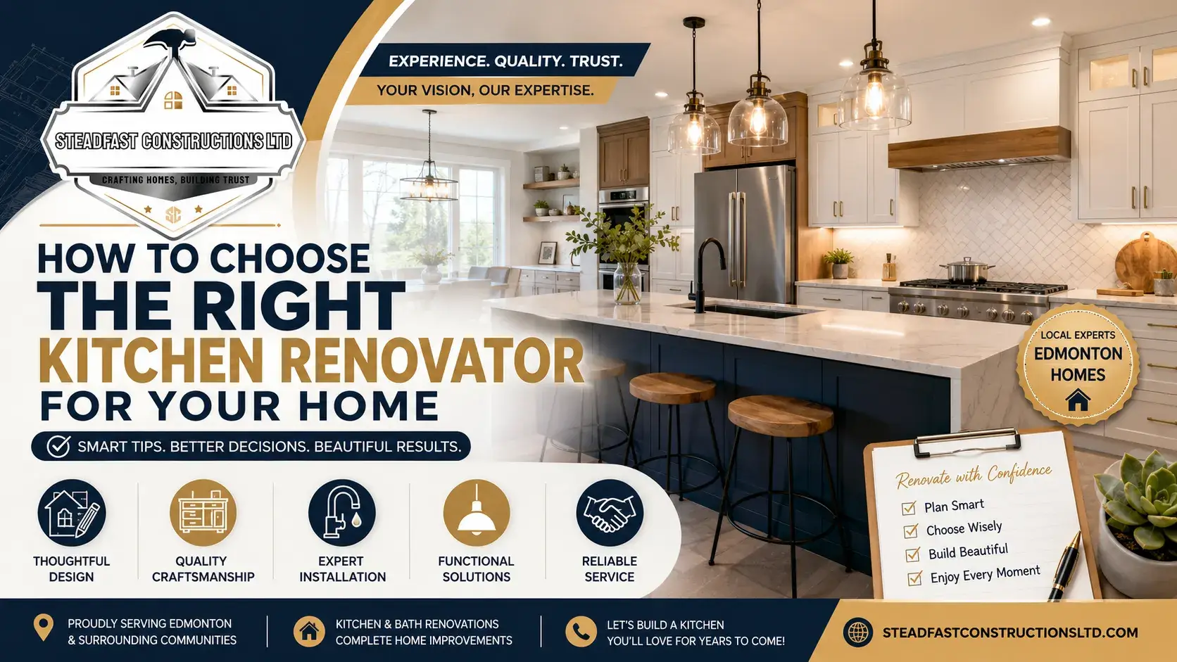 Modern kitchen renovation in Edmonton featuring custom cabinetry, quartz countertops, stylish lighting, by Steadfast Constructions Ltd kitchen renovators.