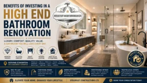 Luxury high end bathroom renovation featuring a walk-in shower, freestanding tub, custom vanity, and premium finishes by Edmonton renovation experts.