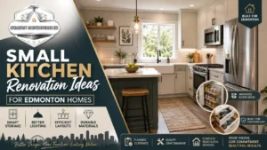Small kitchen renovation ideas for Edmonton homes featuring modern cabinetry, smart storage, quartz countertops, and Steadfast Constructions Ltd renovation services.