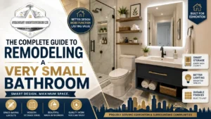 Remodeling a very small bathroom in Edmonton with modern vanity, walk-in shower, smart storage, quality finishes, and Steadfast Constructions Ltd.