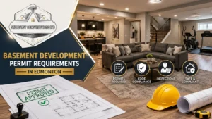 Modern finished basement with permit documents, blueprints, and renovation tools, highlighting basement development permit requirements in Edmonton.