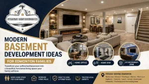 Modern basement development ideas for Edmonton families by Steadfast Constructions Ltd featuring a stylish finished basement, home office, gym, and entertainment space.