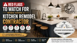 Red flags to watch for when hiring a kitchen remodel contractor featuring a modern kitchen, warning icons, and Steadfast Constructions Ltd serving Edmonton.