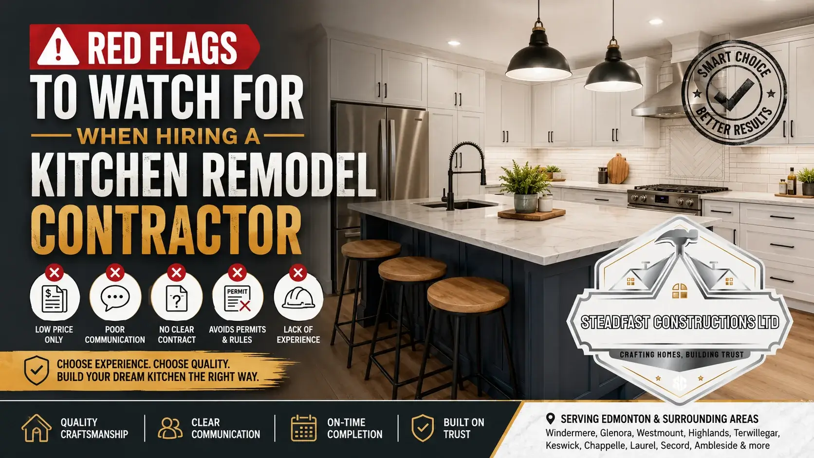Red flags to watch for when hiring a kitchen remodel contractor featuring a modern kitchen, warning icons, and Steadfast Constructions Ltd serving Edmonton.