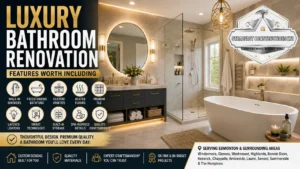 Luxury bathroom renovation featuring a walk-in shower, freestanding tub, premium finishes, and Steadfast Constructions Ltd serving Edmonton homeowners.