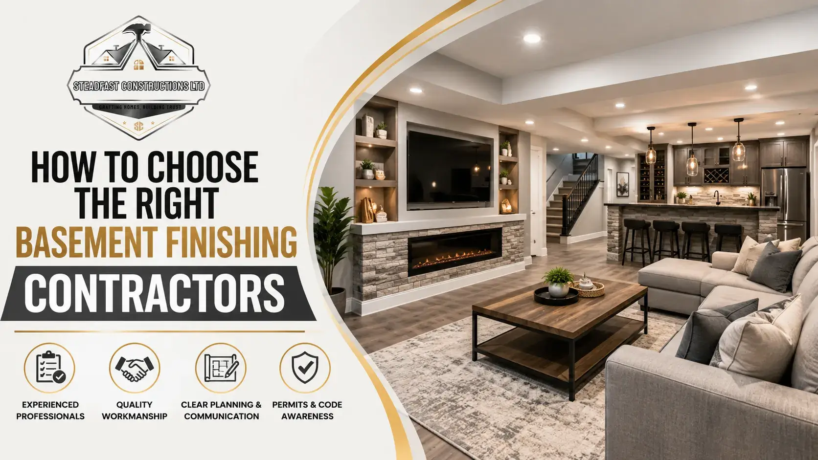 Modern finished basement with living area and bar, showcasing basement finishing contractors and renovation planning by Steadfast Constructions in Edmonton.