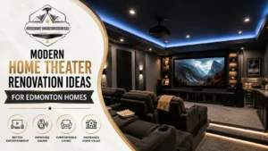Modern home theater renovation in Edmonton featuring a large screen, comfortable seating, ambient lighting, surround sound, and a stylish basement entertainment space by Steadfast Constructions.