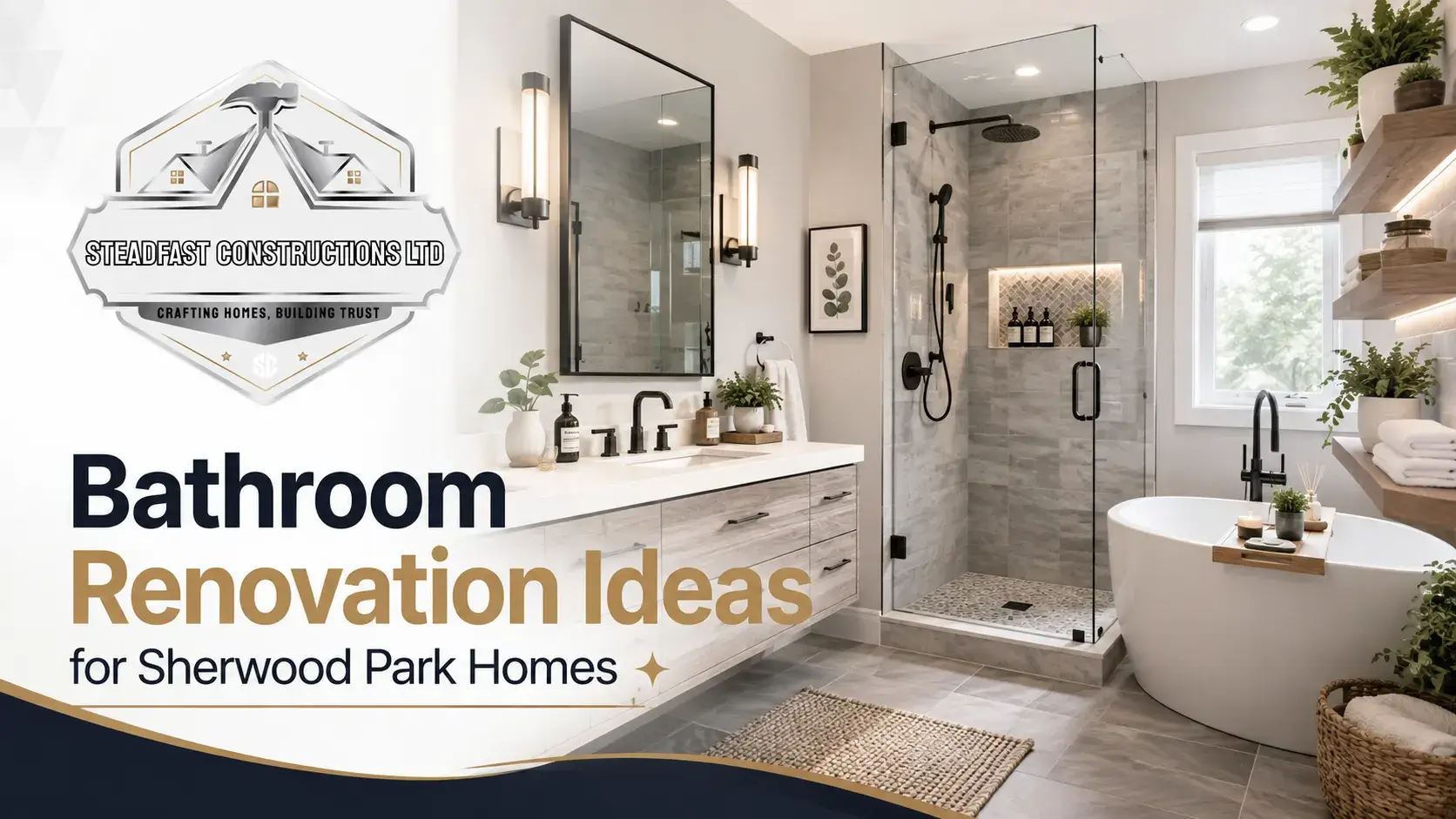 Modern bathroom renovation ideas for Sherwood Park homes featuring a walk-in shower, floating vanity, stylish tiles, warm lighting, and sleek fixtures.