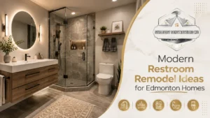 Modern restroom remodel ideas for Edmonton homes featuring a luxury walk-in shower, floating vanity, stylish tiles, warm lighting, storage, and sleek fixtures.