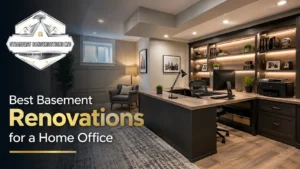 Modern basement home office renovation in Edmonton with built-in storage, stylish desk, warm lighting, and comfortable workspace by Steadfast Constructions Ltd.