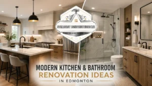 Modern kitchen and bathroom renovations in Edmonton featuring stylish cabinetry, walk-in shower, quartz countertops, updated fixtures, and Steadfast Constructions Ltd branding.
