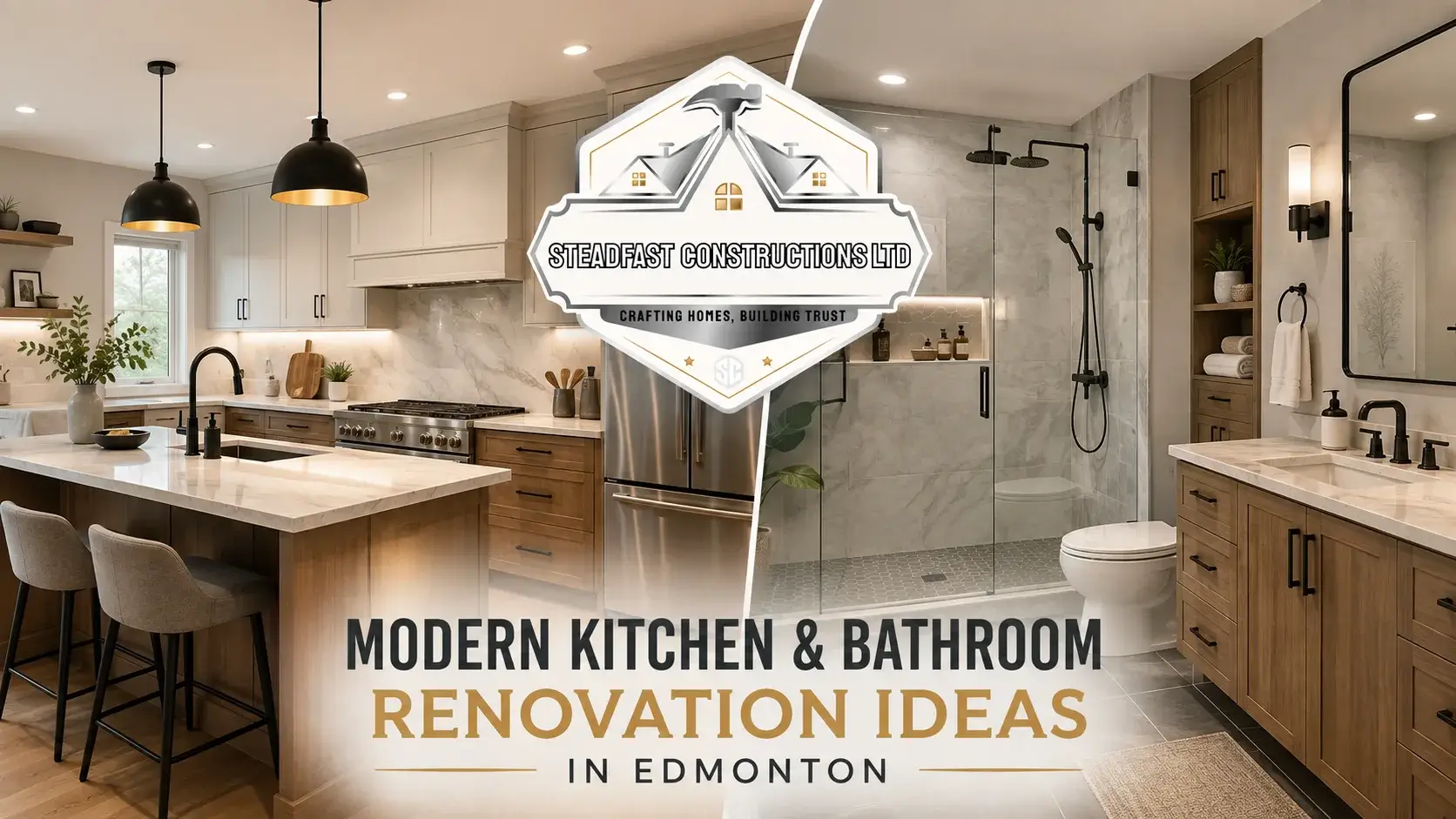 Modern kitchen and bathroom renovations in Edmonton featuring stylish cabinetry, walk-in shower, quartz countertops, updated fixtures, and Steadfast Constructions Ltd branding.