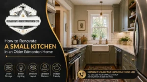 Small kitchen renovation in an older Edmonton home featuring smart storage, an efficient layout, updated fixtures, warm lighting, and modern finishes by Steadfast Constructions Ltd.