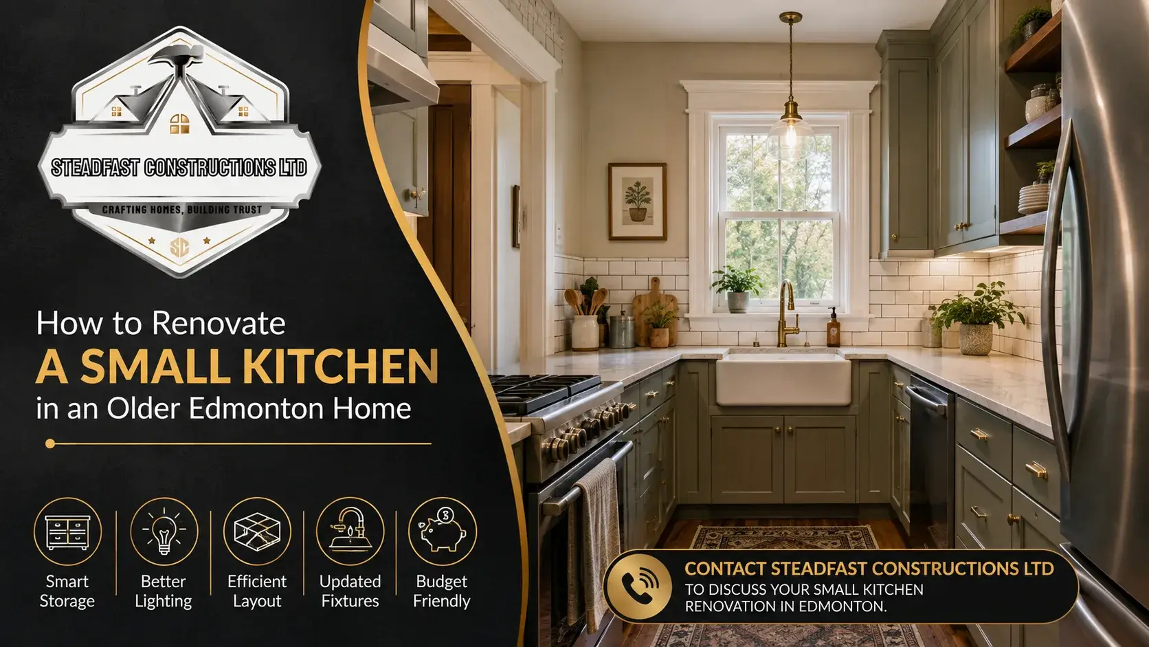 Small kitchen renovation in an older Edmonton home featuring smart storage, an efficient layout, updated fixtures, warm lighting, and modern finishes by Steadfast Constructions Ltd.
