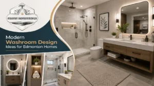 Modern washroom design with a walk-in glass shower, floating wood vanity, and elegant lighting, showcasing stylish bathroom renovation ideas for Edmonton homes.