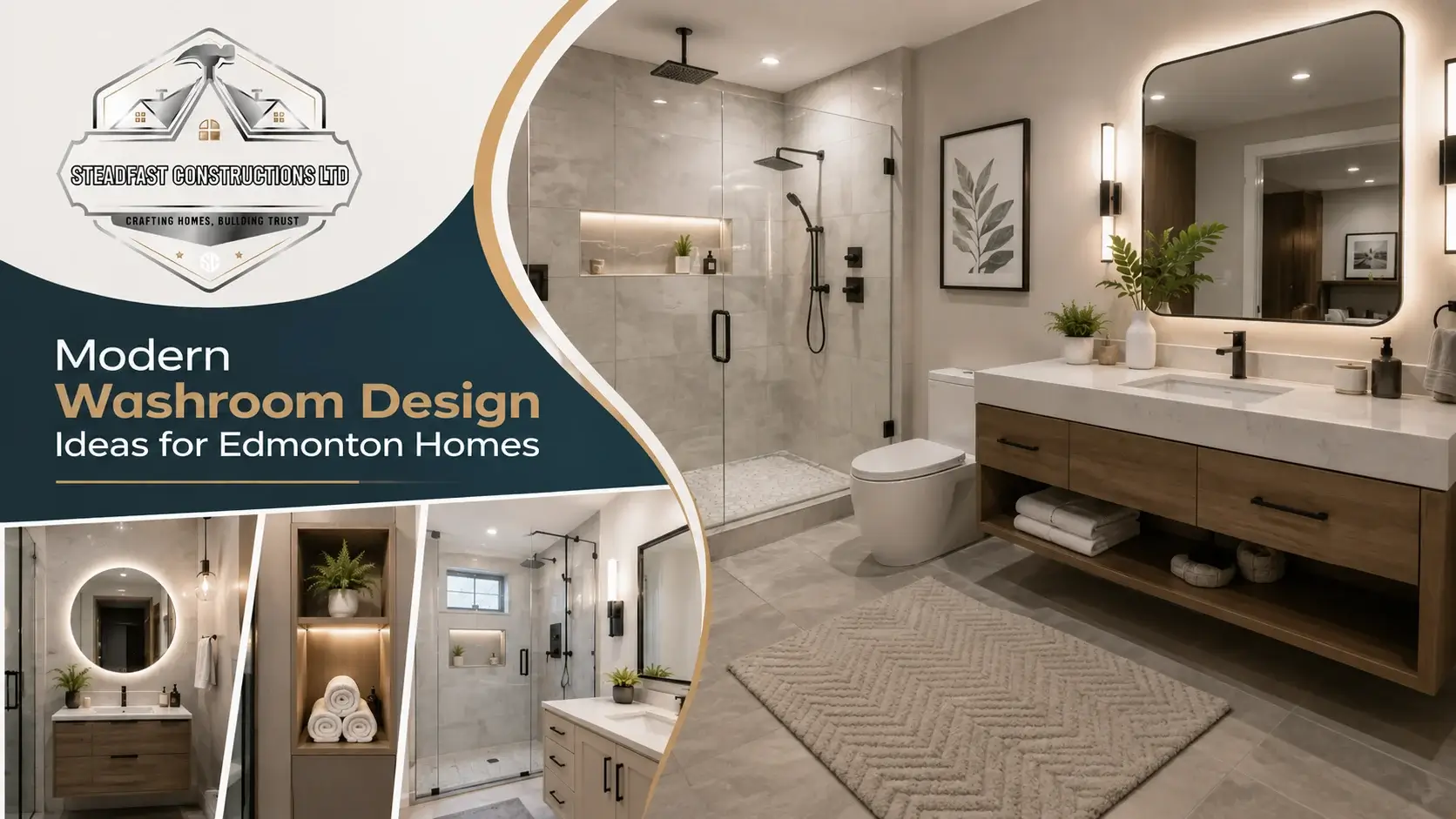 Modern washroom design with a walk-in glass shower, floating wood vanity, and elegant lighting, showcasing stylish bathroom renovation ideas for Edmonton homes.