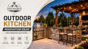 Modern outdoor kitchen renovation in an Edmonton backyard featuring a pergola, stone grill island, bar seating and Steadfast Constructions Ltd branding.